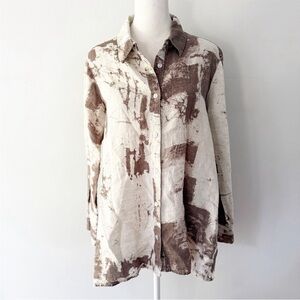 Habitat Women Linen Abstract Button Down Shirt XS Lagenlook Artsy Earthy Indie